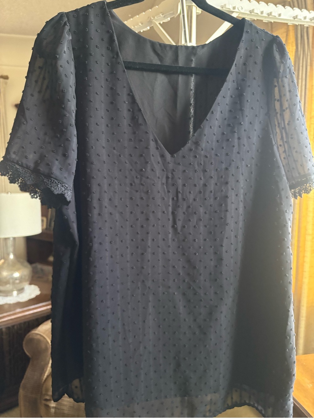 Women's Black Swiss Dot V-Neck Tunic Top